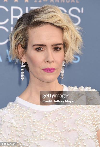 Actress Sarah Paulson arrives at The 22nd Annual Critics' Choice Awards at Barker Hangar on December 11, 2016 in Santa Monica, California.