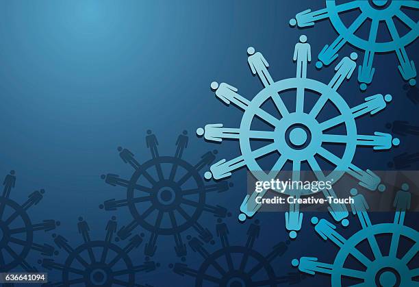 business-völker und cogwheels auf blauem hintergrund - turning stock-grafiken, -clipart, -cartoons und -symbole