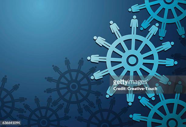 illustrazioni stock, clip art, cartoni animati e icone di tendenza di business popoli e cogwheels su sfondo blu - organizzazione concetto