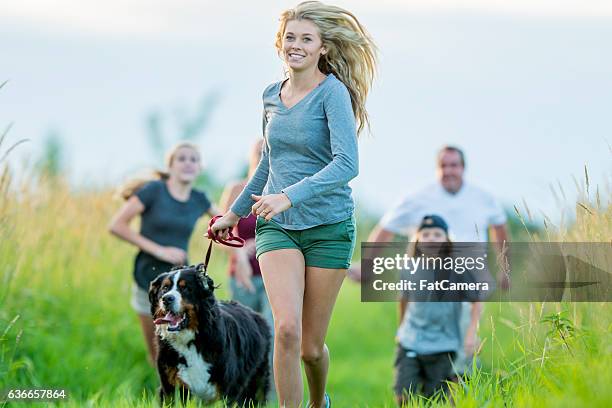 running through a grassy field - fat hairy guys stockfoto's en -beelden