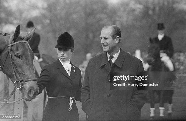 Princess Anne competes in the Badminton Horse Trials, UK, 26th April 1971. Here she is pictured with her father, the Duke of Edinburgh.