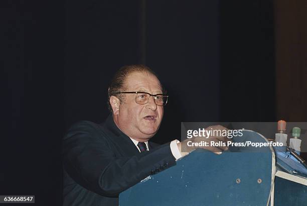 Austrian socialist politician and chairman of the Socialist Party, Bruno Kreisky speaks from the platform at the Congress of the Socialist...