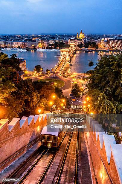 chain bridge budapest hungary dusk vertical stephen's basilica funicular sikló - budapest stock pictures, royalty-free photos & images