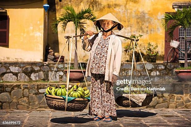 vietnamese fruit seller - hoi an stockfoto's en -beelden