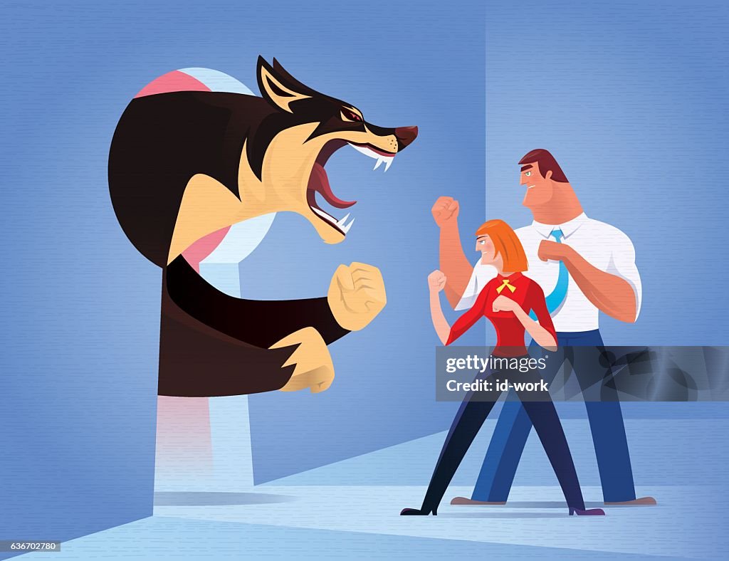 Geschäftspaar kämpft gegen wütenden Wolf