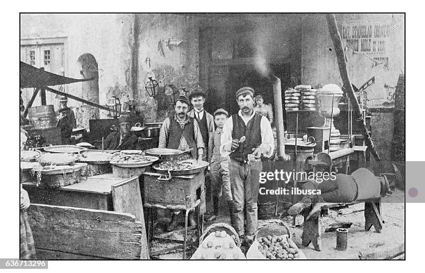 antique dotprinted photographs of italy: naples - food market stock illustrations