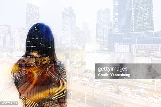 multi exposure of woman looking at city traffic in night - mehrfachbelichtung stock-fotos und bilder