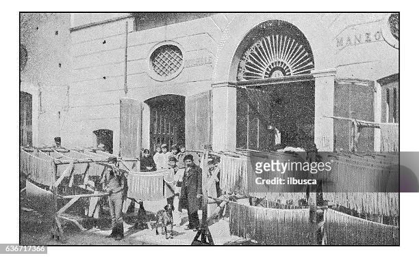 antique dotprinted photographs of italy: naples, pasta factory - macaroni stock illustrations