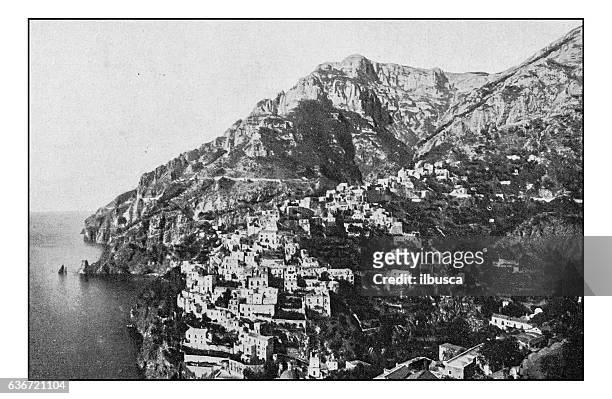 antike punktgedruckte fotografien von italien: kampanien, positano - positano stock-grafiken, -clipart, -cartoons und -symbole