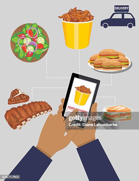 man ordering food for delivery on a tablet - personal perspective stock illustrations