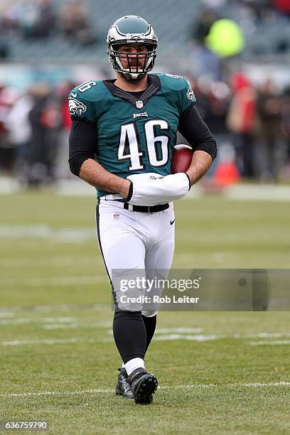 Jon Dorenbos of the Philadelphia Eagles looks on before the game against the Washington Redskins at Lincoln Financial Field on December 11, 2016 in...