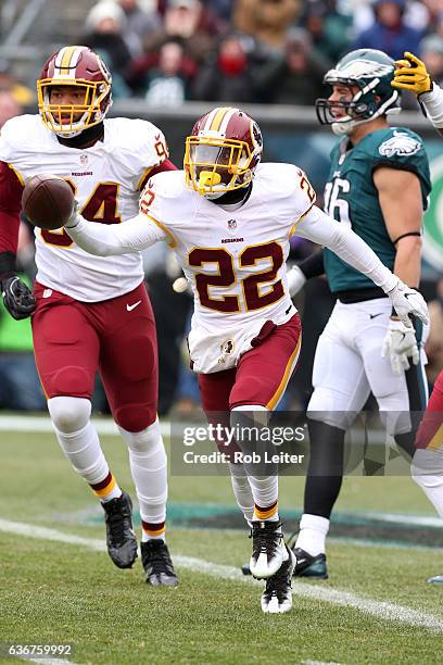 Deshazor Everett of the Washington Redskins celebrates an interception during the game against the Philadelphia Eagles at Lincoln Financial Field on...