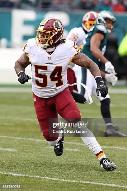 Mason Foster of the Washington Redskins in action during the game against the Philadelphia Eagles at Lincoln Financial Field on December 11, 2016 in...