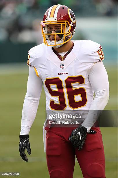 Houston Bates of the Washington Redskins looks on before the game against the Philadelphia Eagles at Lincoln Financial Field on December 11, 2016 in...