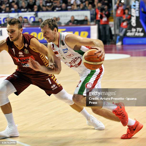 Zoran Dragic of Armani competes with Stefano Tonut of Umana during the Legabasket of Serie A1 match between Reyer Umana Venezia and Olimpia EA7...