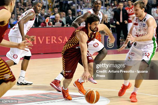 Ariel Filloy of Umana competes with Jamel McLean and Awadu Abass Abass and Zoran Dragic of Armani during the Legabasket of Serie A1 match between...