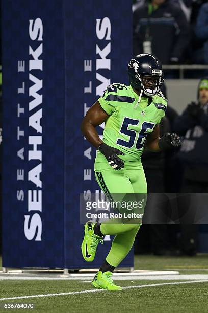 Cliff Avril of the Seattle Seahawks is introduced before the game against the Los Angeles Rams at CenturyLink Field on December 15, 2016 in Seattle,...
