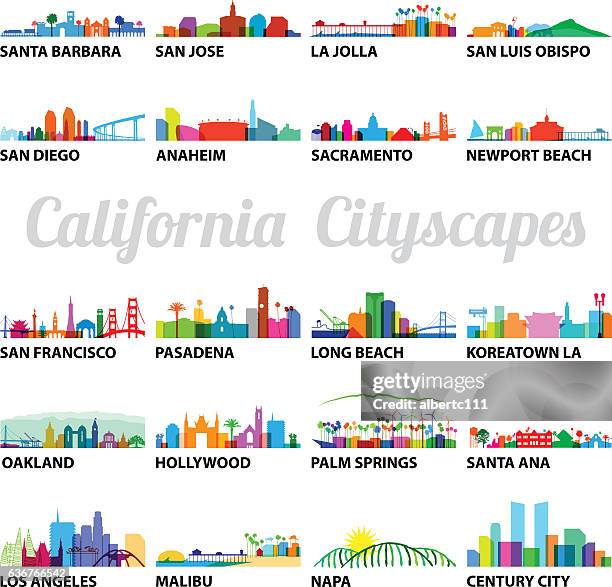 bildbanksillustrationer, clip art samt tecknat material och ikoner med series of stylized california cityscapes - orange county kalifornien