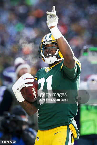 Geronimo Allison of the Green Bay Packers celebrates in the first quarter against the Minnesota Vikings at Lambeau Field on December 24, 2016 in...