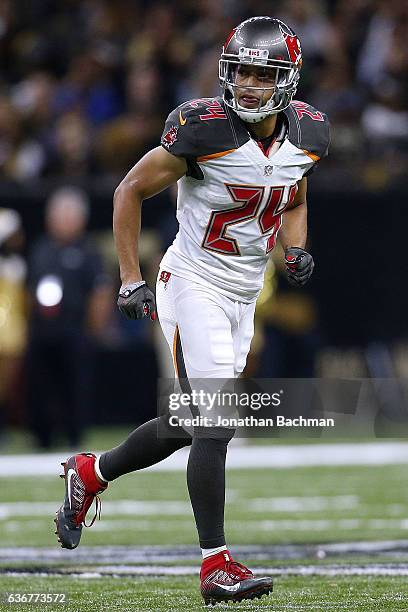 Brent Grimes of the Tampa Bay Buccaneers defends during a game against the New Orleans Saints at the Mercedes-Benz Superdome on December 24, 2016 in...