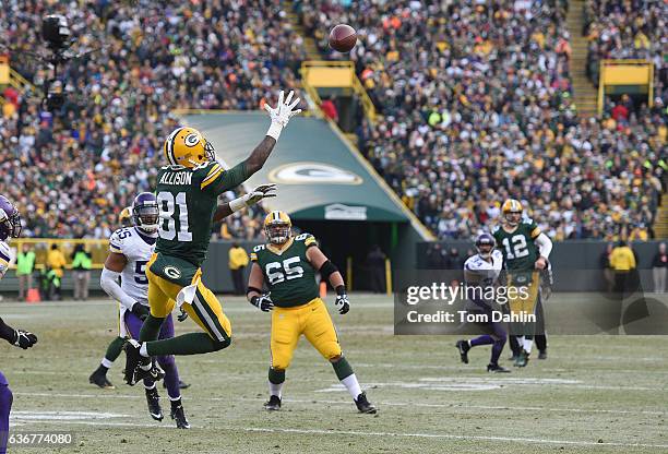 Geronimo Allison of the Green Bay Packers attempts a catch during a game against the Minnesota Vikings at Lambeau Field on December 24, 2016 in Green...