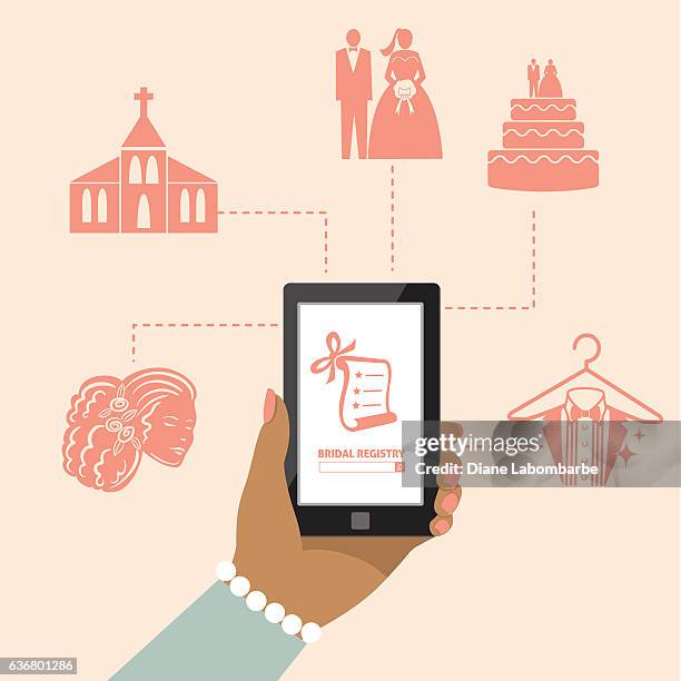 woman using online apps for wedding arrangements - computer wedding stock illustrations