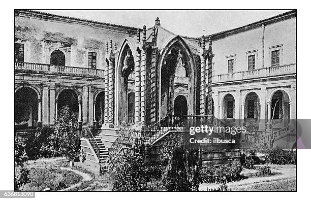 antique dotprinted photographs of italy: sicily, catania monastery - catania stock illustrations
