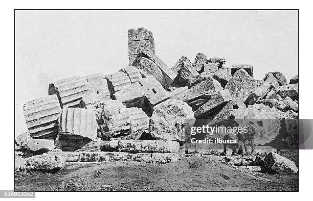 antique dotprinted photographs of italy: sicily, selinunte ruins - selinunte stock illustrations