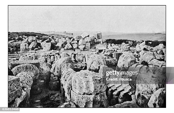 stockillustraties, clipart, cartoons en iconen met antique dotprinted photographs of italy: sicily, selinunte acropolis ruins - selinunte