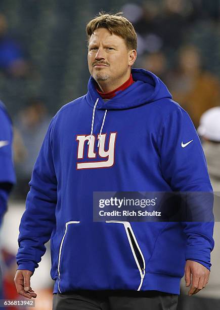 Head coach Ben McAdoo of the New York Giants on the field during warm up before a game against the Philadelphia Eagles at Lincoln Financial Field on...