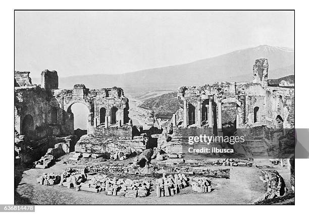 antique dotprinted photographs of italy: sicily, taormina, theatre ruins - taormina italy stock illustrations