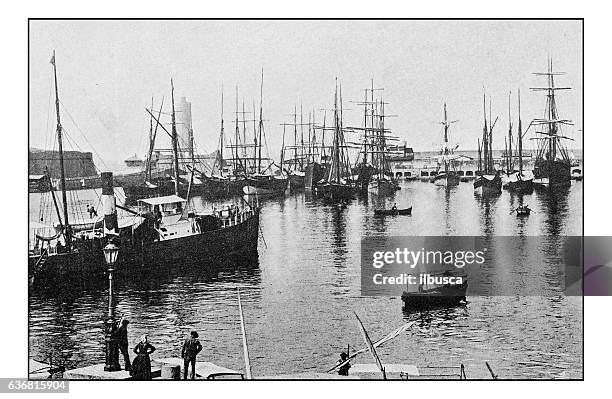 antique dotprinted photographs of italy: tuscany, livorno's dock - livorno stock illustrations