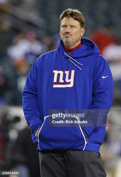 Head coach Ben McAdoo of the New York Giants on the field during warm up before a game against the Philadelphia Eagles at Lincoln Financial Field on...