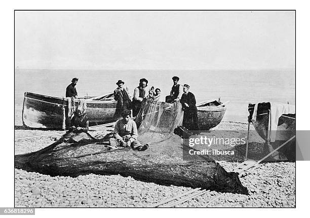 illustrazioni stock, clip art, cartoni animati e icone di tendenza di fotografie antiche a punti d'italia: liguria, bordighera, pescatori - fisherman