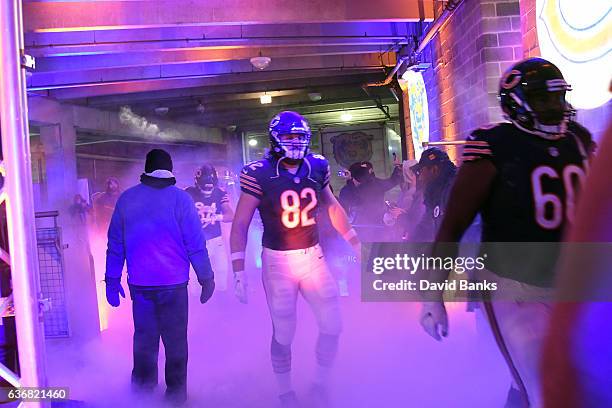 Logan Paulsen of the Chicago Bears walks through the tunnel before the game against the Washington Redskins at Soldier Field on December 24, 2016 in...