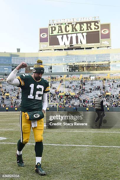 Aaron Rodgers of the Green Bay Packers leaves the field following a game against the Minnesota Vikings at Lambeau Field on December 24, 2016 in Green...