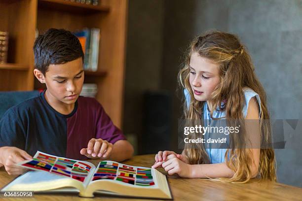 young students of diverse race studying together in new zealand - teenager learning child to read stockfoto's en -beelden