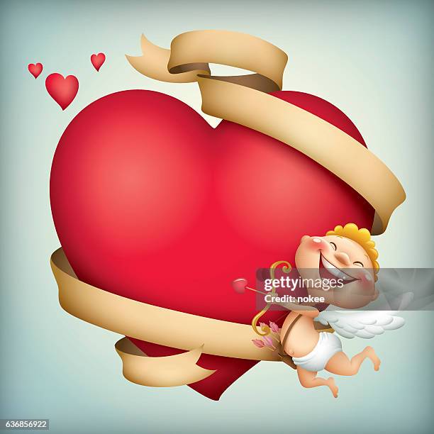 ilustrações, clipart, desenhos animados e ícones de cupido e coração de valentim com fita - cupido