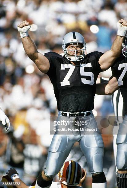Howie Long of the Los Angeles Raiders celebrates after sacking the the quarterback of the Washington Redskins during an NFL game October 29, 1989 at...
