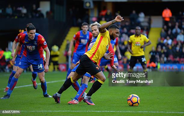 Jerome Sinclair of Watford is tackled by Yohan Cabaye of Crystal Palace during the Barclays Premier League match between Watford and Crystal Palace...