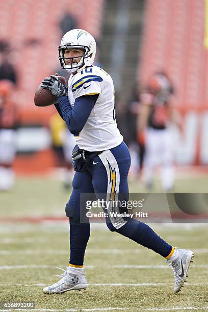 Kellen Clemens of the San Diego Chargers warming up before a game against the Cleveland Browns at FirstEnergy Stadium on December 24, 2016 in...
