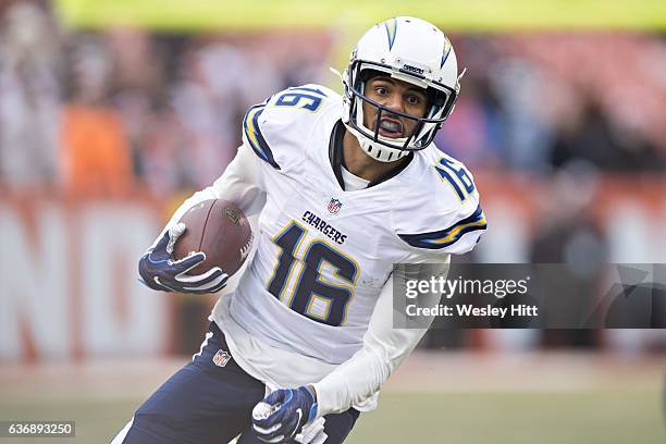 Tyrell Williams of the San Diego Chargers runs the ball during a game against the Cleveland Browns at FirstEnergy Stadium on December 24, 2016 in...