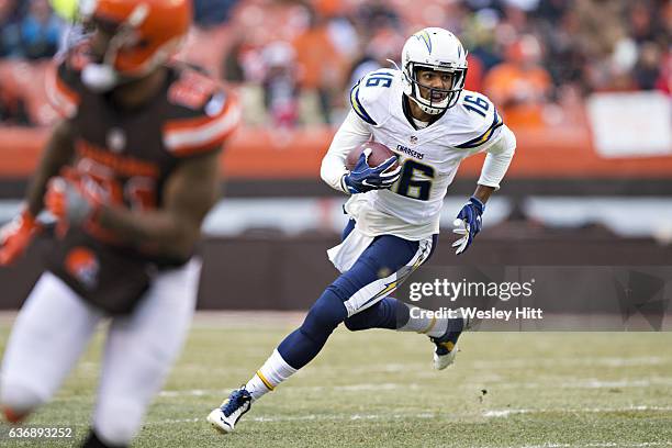 Tyrell Williams of the San Diego Chargers runs the ball during a game against the Cleveland Browns at FirstEnergy Stadium on December 24, 2016 in...