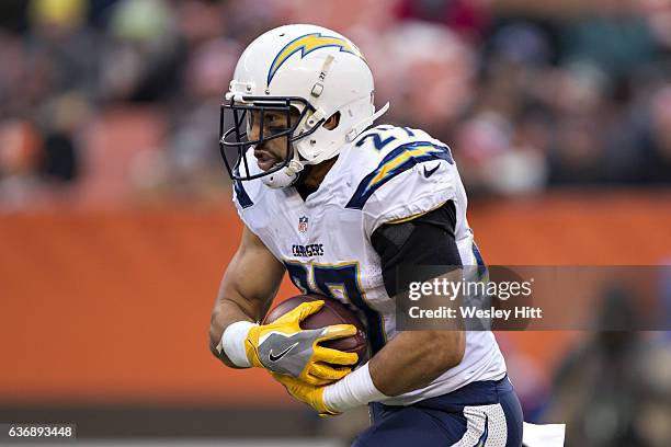 Kenneth Farrow of the San Diego Chargers runs the ball during a game against the Cleveland Browns at FirstEnergy Stadium on December 24, 2016 in...