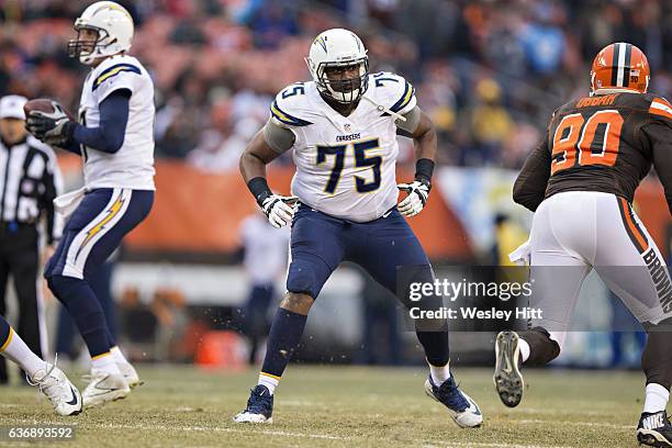 Chris Hairston of the San Diego Chargers drops back to pass block during a game against the Cleveland Browns at FirstEnergy Stadium on December 24,...