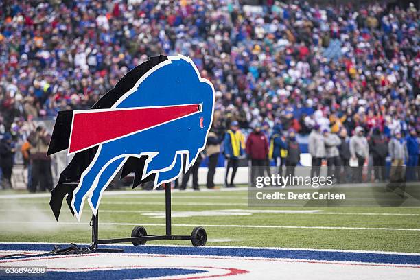 The Buffalo Bills logo stands on the field before the game against the Miami Dolphins on December 24, 2016 at New Era Field in Orchard Park, New...