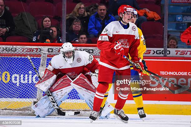 Goaltender Lasse Petersen of Team Denmark looks on during the IIHF World Junior Championship preliminary round game against Team Sweden at the Bell...