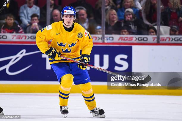 Lias Andersson of Team Sweden skates during the IIHF World Junior Championship preliminary round game against Team Denmark at the Bell Centre on...