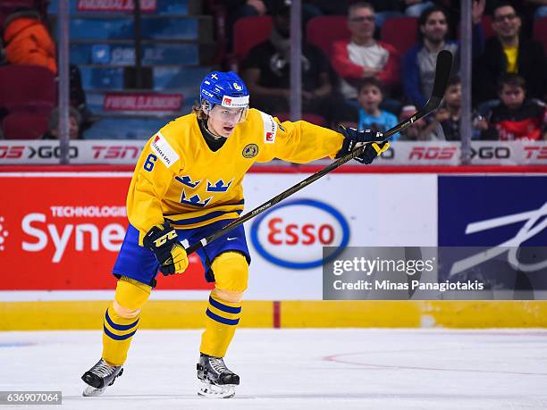 Kristoffer Gunnarsson of Team Sweden skates during the IIHF World Junior Championship preliminary round game against Team Denmark at the Bell Centre...