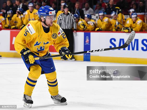 Sebastian Ohlsson of Team Sweden skates during the IIHF World Junior Championship preliminary round game against Team Denmark at the Bell Centre on...
